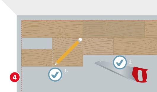 Illustration zum vierten Schritt beim Verlegen von Vinylboden. Eine Bodenfläche zeigt teilweise verlegte Vinylpaneele. Mit einem Bleistift wird eine Schnittlinie auf einer Paneele markiert (Schritt 1), daneben liegt eine Handsäge mit zugeschnittenem Reststück (Schritt 2).