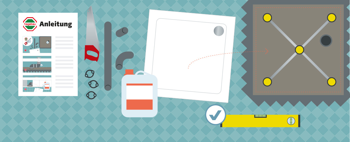 Eine schematische Darstellung zeigt die vorbereiteten Materialien und Werkzeuge zum Einbau einer Duschwanne. Auf dem gefliesten Boden liegen eine Bauanleitung, eine Säge, Rohrstücke, Dichtungsringe, eine Wasserwaage, ein Kanister Klebstoff, eine Duschwanne sowie ein vorbereiteter Duschwannenträger mit gekennzeichneten Befestigungspunkten. Ein Häkchensymbol markiert die vollständige Vorbereitung