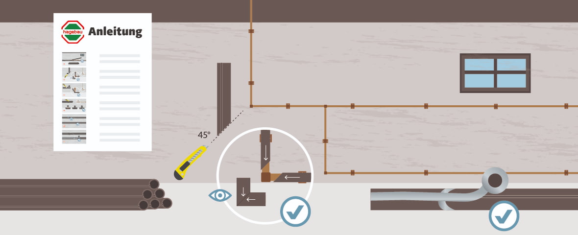 Eine schematische Darstellung zeigt das Zuschneiden und Anpassen von Isoliermaterial für Heizungsrohre. Eine Isolierschale wird mit einem Cuttermesser im 45°-Winkel geschnitten, ein Vergrößerungskreis zeigt die exakte Schnittführung für Eckenverbindungen. Unten rechts ist ein Rohr mit aufgeschobener Isolierung zu sehen, links eine Anleitung mit Montageschritten. Mehrere Häkchensymbole markieren die korrekte Ausführung.
