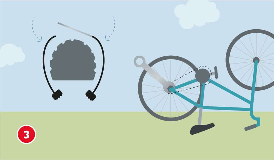 Illustration eines auf den Kopf gestellten Fahrrads, links daneben ist eine Felgenbremse abgebildet, deren Zugseil geöffnet wird, Pfeile zeigen die Richtung der Bewegung, mit einem Schraubenschlüssel wird die Bremse am Hinterrrad gelöst