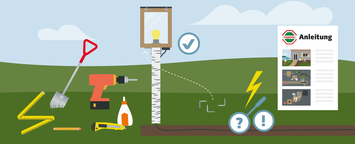 Eine schematische Darstellung zeigt eine selbst gebaute Gartenlampe mit Holzkorpus und Birkenstamm, die über ein Erdkabel mit Strom versorgt wird. Im Vordergrund liegen Werkzeuge wie Schaufel, Bohrmaschine, Kleber, Cutter, Bleistift und Zollstock bereit. Rechts ist ein Anleitungsblatt mit drei bebilderten Schritten zu sehen