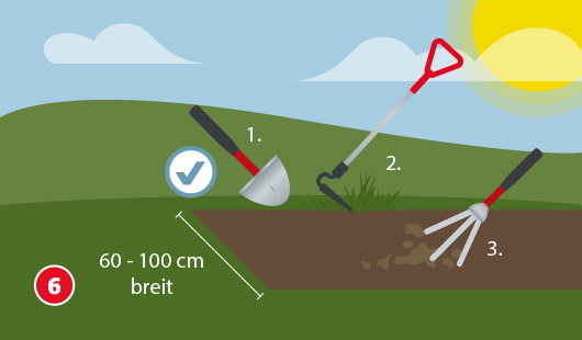 Eine schematische Darstellung zeigt die Bodenvorbereitung für das Pflanzen eines Sichtschutzes. In drei Schritten wird ein 60–100 cm breites Beet vorbereitet: Zuerst wird die Fläche mit dem Spaten abgestochen (1), dann mit einem Grubber von Gras und Unkraut befreit (2) und anschließend mit einer Harke gelockert (3). Ein Häkchen-Symbol kennzeichnet die richtige Vorgehensweise. Unten links ist ein roter Kreis mit einer weißen 6