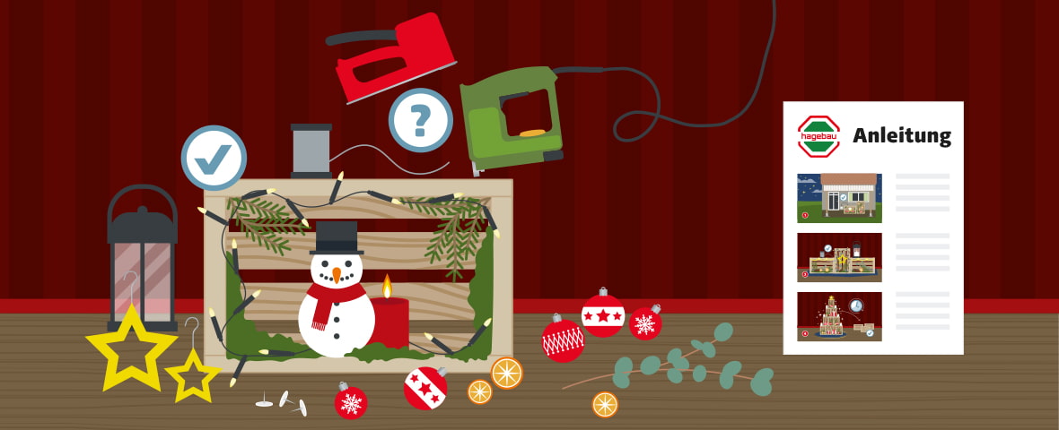 Eine schematische Darstellung zeigt eine selbst gestaltete weihnachtliche Dekobox aus Holz mit einem Schneemann, Kerze, Zweigen und einer Lichterkette. An der linken oberen Ecke ist ein Häckchensymbol. Darum herum liegen Dekoelemente wie Christbaumkugeln, Orangenscheiben, Sterne und eine Laterne. Zwei Tackergeräte, dazwischen ein Fragezeichensymbol, liegen bereit. Rechts steht eine Anleitung mit drei bebilderten Schritten auf einem Tisch vor rotem Hintergrund