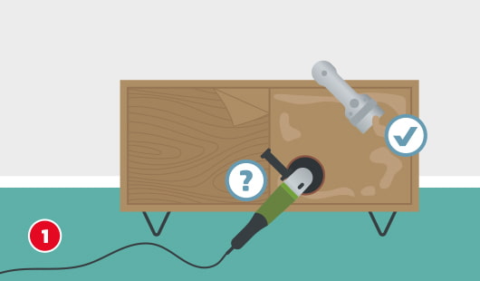 Illustration einer Kommode, von der mit einem Schleifer und einem Spachtel Leimreste entfernt werden