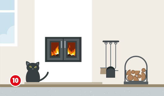 Illustration mit dem Titel „Schritt 10“ einer Hagebau-Anleitung zum Selbstbau eines Kaminofens. Der fertig eingebaute und brennende Kaminofen ist zu sehen. Im Feuerraum lodern Flammen. Links sitzt eine schwarze Katze, rechts steht Kaminbesteck und ein Korb mit Brennholz. Der Kamin ist vollständig verkleidet und betriebsbereit.