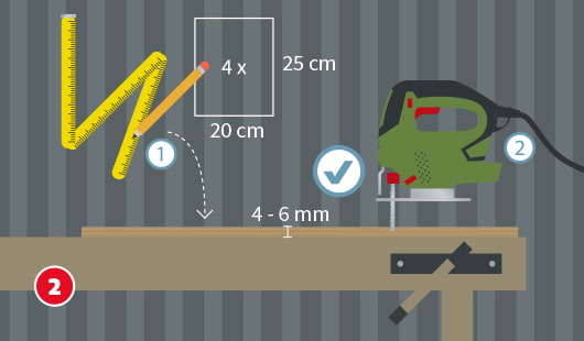 Eine schematische Darstellung zeigt das Anzeichnen und Zuschneiden von Sperrholzplatten für den Lampenkörper. Mit einem Zollstock und Bleistift werden vier Rechtecke à 25 cm × 20 cm markiert. Eine Stichsäge schneidet das Holz mit 4–6 mm Stärke auf einer Werkbank zu. Unten links ist ein roter Kreis mit einer weißen 2