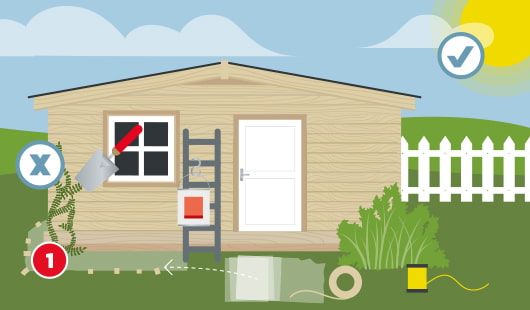 Eine schematische Darstellung zeigt die Vorbereitung zum Streichen eines Gartenhauses. Pflanzen in der Nähe werden mit Vlies abgedeckt und Bereiche abgeklebt. Ein Eimer mit Farbe steht auf einer Leiter. Ein Spachtel mit X-Symbol weist darauf hin, dass er nicht verwendet werden soll. Unten links ist ein roter Kreis mit einer weißen 1
