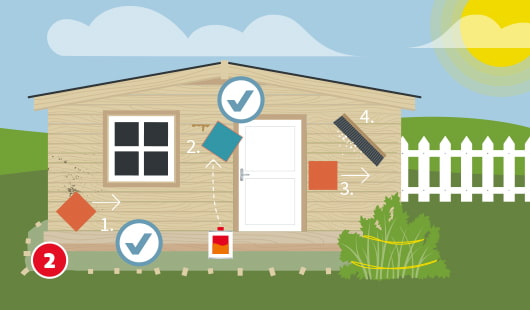 Eine schematische Darstellung zeigt das Schleifen des Untergrunds vor dem Streichen eines Gartenhauses. Alte Farbreste werden entfernt, die Fläche wird mit Schleifpapier geglättet und ein Testfeld für die neue Farbe wird angelegt. Rechts im Bild ist eine Drahtbürste dargestellt. Unten links ist ein roter Kreis mit einer weißen 2