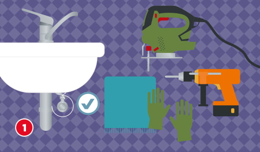 Eine schematische Darstellung zeigt die Vorbereitung zum Ausbau einer Duschwanne. Links ist ein Waschbecken mit zugehörigem Siphon abgebildet, an dem das Wasser abgedreht wurde. Ein Häkchensymbol bestätigt den Schritt. Rechts daneben liegen eine Stichsäge, ein Akkuschrauber, Arbeitshandschuhe und ein Tuch für den Schutz der Flächen bereit. Unten links ist ein roter Kreis mit einer weißen 1