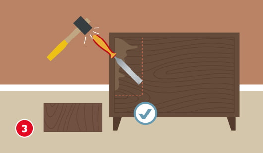 Illustration einer Kommode, aus der mit einem Stechbeil und einem Hammer ein rechteckiges Stück entfernt wird