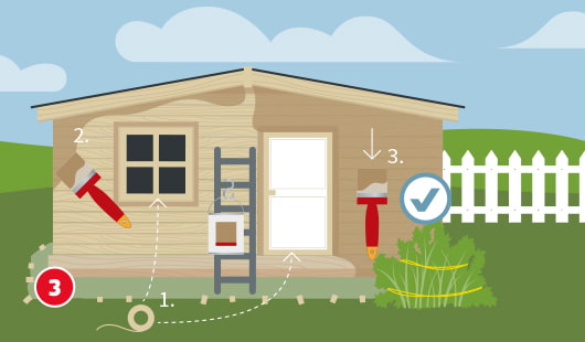 Eine schematische Darstellung zeigt den Anstrich eines Gartenhauses. Nach dem Abkleben wird die Lasur mit einem Pinsel von oben nach unten aufgetragen. Ein Farbeimer steht auf einer Leiter, der rechte Bereich der Hauswand ist bereits gestrichen. Unten links ist ein roter Kreis mit einer weißen 3