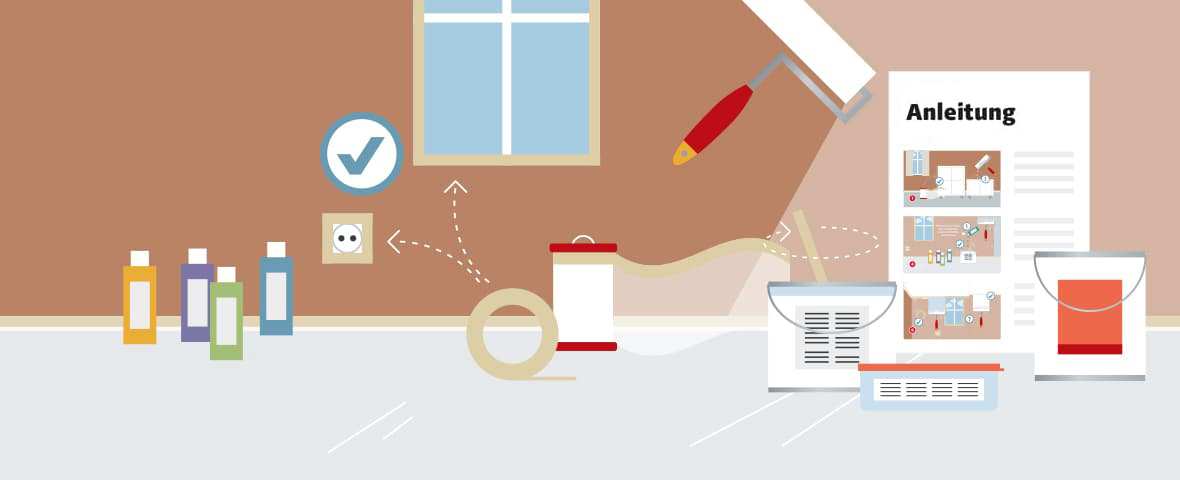 Illustration einer Zimmerwand, die mit einem Farbroller gestrichen wird, im Vordergrund stehen Flaschen und Eimer mit Farbe, so wie Abdeckfolie und Malerkrepp