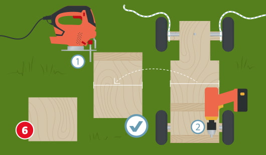 Illustration mit dem Titel „Schritt 6“ einer Hagebau-Anleitung zum Bau einer Seifenkiste. Links sägt eine Stichsäge (1) ein rechteckiges Holzbrett zurecht – vermutlich für die Rückenlehne oder Sitzfläche. Das zurechtgesägte Brett wird im nächsten Schritt mit einem Akkuschrauber (2) am hinteren Teil des Kistenrahmens befestigt