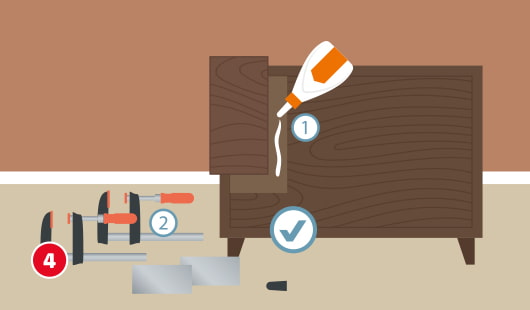 Illustration einer Kommode, an die ein Stück neues Furnier angeleimt wird, im Vordergrund sind eine Leimflasche, Schraubzwingen und Metallplatten zu sehen