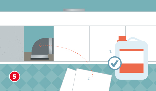 Eine schematische Darstellung zeigt die Vorbereitung zum Verfliesen des Duschbereichs. Eine Wandfläche über dem Ablaufrohr ist mit Fliesenkleber und zwei weißen Fliesen versehen, daneben steht ein Kanister mit Kleber und Häkchensymbol. Eine gestrichelte Pfeillinie markiert den Ablauf der Arbeitsschritte. Unten links ist ein roter Kreis mit einer weißen 5