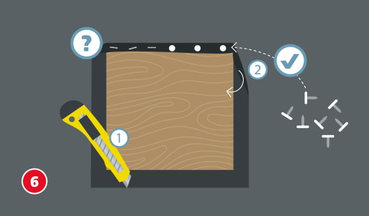 Eine schematische Darstellung zeigt das Abdichten der Dachplatte einer Gartenlampe. Eine zugeschnittene Dachpappe wird mit einem Cutter an den Kanten passend eingeschnitten und überstehend um das Holz gefaltet. Mit Nägeln oder Tackerklammern wird sie fixiert. Unten links ist ein roter Kreis mit einer weißen 6