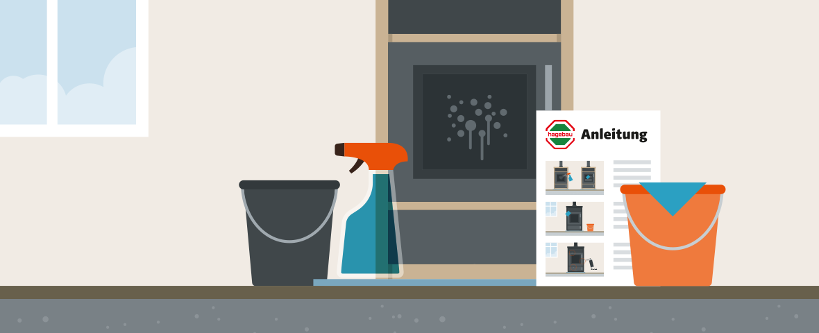 Illustration einer Hagebau-Anleitung zur Reinigung eines Kaminofens. In der Mitte ist ein Kaminofen mit geschlossenem Sichtfenster zu sehen. Davor stehen ein schwarzer Eimer, eine Sprühflasche mit Reinigungsmittel, ein orangefarbener Eimer mit blauem Tuch und ein Reinigungstuch auf dem Boden. Rechts daneben liegt ein Anleitungsblatt mit drei bebilderten Schritten.