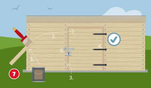 Illustration zum siebten Schritt beim Bau eines Gartenhauses. Die Tür wird montiert und in fünf nummerierten Arbeitsschritten eingebaut: Holzschutz auftragen, Tür einsetzen, ausrichten, Scharniere anschrauben, Riegel mit Vorhängeschloss anbringen. Ein Farbeimer und Pinsel stehen bereit, ein Häkchensymbol bestätigt den korrekten Abschluss.