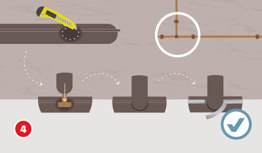 Eine schematische Darstellung zeigt die Isolierung von Heizungsrohren an einem T-Stück. Mit einem Cuttermesser wird eine kreisförmige Aussparung in eine Isolierschale geschnitten. Darunter wird in vier Schritten gezeigt, wie das T-Stück in die vorbereitete Öffnung eingeführt und die Dämmung vollständig geschlossen wird. Ein Häkchensymbol markiert die korrekt ausgeführte Isolierung. Unten links ist ein roter Kreis mit einer weißen 4