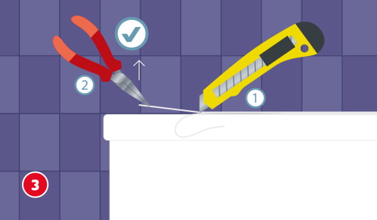 Eine schematische Darstellung zeigt das Entfernen der Silikondichtung an einer Duschwanne. Mit einem Cutter wird die Dichtung entlang des Wannenrands aufgeschnitten. Anschließend wird der gelöste Silikonstreifen mit einer Flachzange vollständig abgezogen. Ziffern und Häkchensymbole kennzeichnen die beiden Arbeitsschritte. Unten links ist ein roter Kreis mit einer weißen 3
