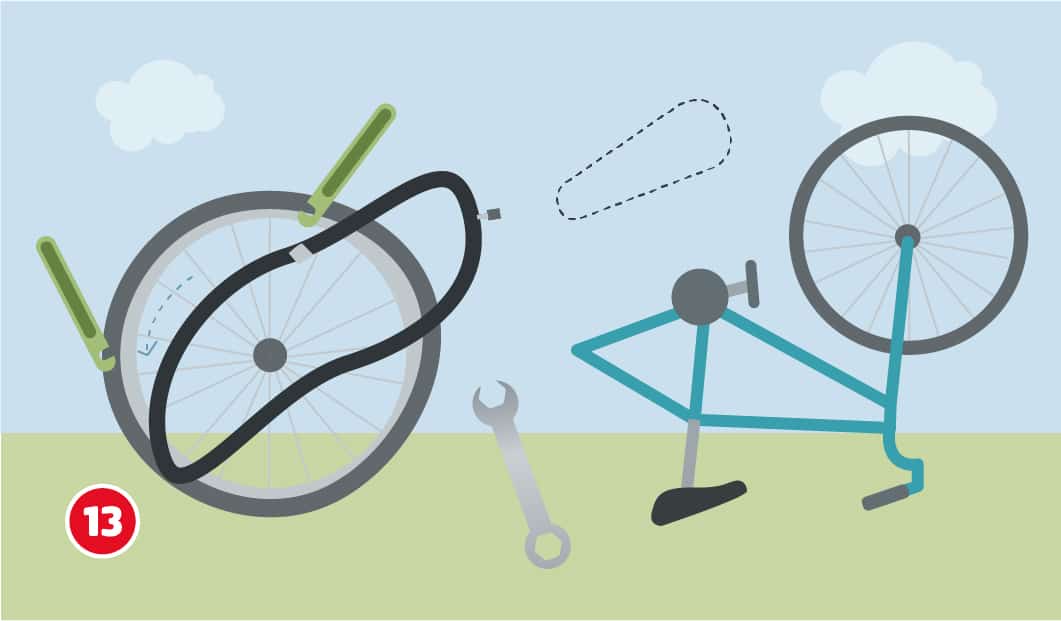 Illustration einer Fahrradfelge, an der mit Reifenhebern der Schlauch wieder eingesetzt wird, daneben steht das umgerehte Fahrrad ohne Hinterrad, eine gestrichelte Linie zeigt die Position der später zu montierenden Kette, am Boden liegt ein Schraubenschlüssel