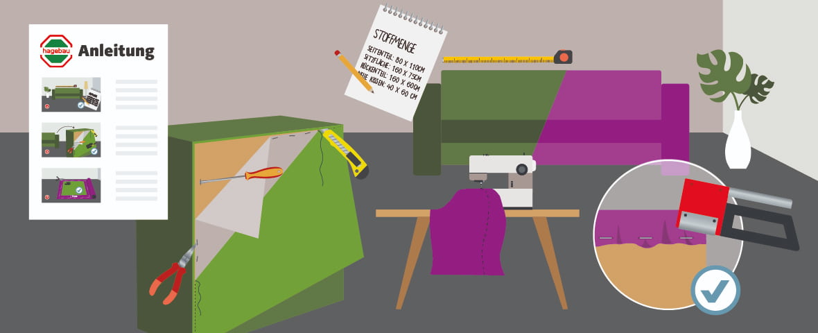Eine schematische Darstellung zeigt die Vorbereitung zum Neubeziehen eines Sofas. Im Vordergrund wird ein grünes Möbelstück mit Schraubendreher, Zange und Cutter geöffnet. Ein Notizzettel listet die Stoffmengen für verschiedene Teile auf. Im Hintergrund steht ein halb bezogenes Sofa. Rechts sind eine Nähmaschine und ein Tacker zu sehen, letzterer im Detailausschnitt mit einem Häkchensymbol markiert. Links liegt eine gedruckte Anleitung mit drei bebilderten Schritten