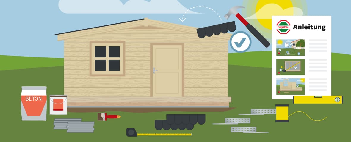 Eine schematische Darstellung zeigt ein Holz-Gartenhaus mit Baumaterialien und Werkzeugen im Vordergrund, darunter Beton, Dachschindeln, Wasserwaage, Zollstock, Farbeimer und Bauteile. Rechts ist ein Hammer zu sehen, der eine Dachschindel befestigt. Daneben steht ein Bauplan mit dem Logo von hagebau und der Überschrift Anleitung sowie drei Abbildungen