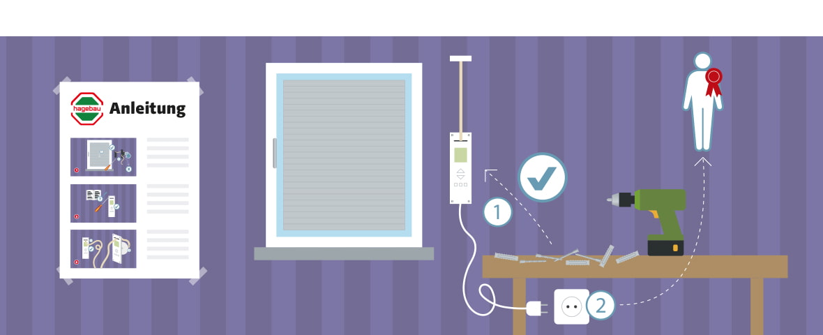 Eine schematische Darstellung zeigt die Vorbereitung zum Anbringen eines elektrischen Gurtwicklers. Vor einem Fenster mit heruntergelassenem Rollladen liegen auf einem Tisch ein Akkuschrauber, Schrauben, ein Gurtwickler und ein Stromstecker. Ein Häkchensymbol kennzeichnet die Vollständigkeit der Teile, daneben steht eine Anleitung mit bebilderten Schritten an der Wand. Im Hintergrund ist eine Figur mit roter Auszeichnung dargestellt