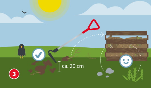 Eine schematische Darstellung zeigt die Vorbereitung des Rasenareals vor der Aussaat. Mit einem Grubber wird der Boden etwa 20 cm tief aufgelockert. Ein Häkchen-Symbol bestätigt die richtige Bearbeitung. Steine, Unkraut und organisches Material werden entfernt und in einen Kompostbehälter gegeben. Ein Smiley kennzeichnet die gute Bodenpflege. Unten links ist ein roter Kreis mit einer weißen 3