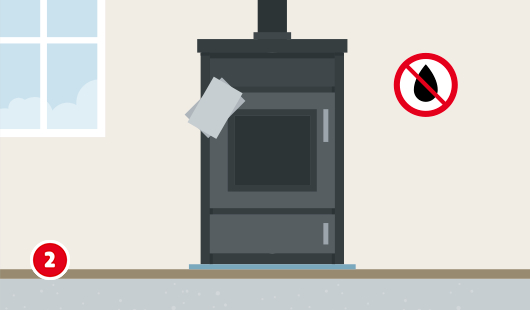 Illustration mit dem Titel „Schritt 2“ einer Hagebau-Anleitung zur Reinigung eines Kaminofens. Ein einzelner Kaminofen ist abgebildet. Ein graues Tuch wird über die Ofenscheibe gewischt. Rechts im Bild befindet sich ein Symbol mit einem durchgestrichenen schwarzen Tropfen