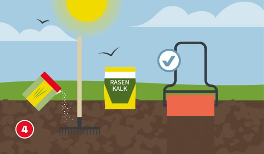 Eine schematische Darstellung zeigt die Bodenaufbereitung vor der Rasenaussaat. Links wird Rasenkalk ausgestreut, daneben steht ein Rechen, mit dem das Material gleichmäßig verteilt wird. Rechts sorgt eine Rasenwalze für die Verdichtung der Erde. Ein Häkchen-Symbol markiert die fachgerechte Ausführung. Die Sonne scheint am Himmel, im Hintergrund fliegen Vögel. Unten links ist ein roter Kreis mit einer weißen 4