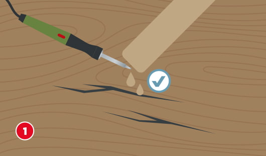 Illustration einer Holzfläche mit kleinen Rissen, über dem Holz wird mit einem Schmelzgerät ein Stück Wachs erhitzt, das in die Risse tropft