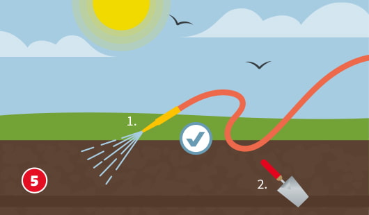 Eine schematische Darstellung zeigt das Wässern des vorbereiteten Rasenareals vor der Aussaat. Ein Gartenschlauch verteilt Wasser gleichmäßig auf der Bodenfläche. Die mit „1.“ markierte Maßnahme ist mit einem Häkchen-Symbol versehen. Rechts unten zeigt eine kleine Handschaufel die nächste Bearbeitungsstufe, mit der Nummer „2.“ gekennzeichnet. Unten links ist ein roter Kreis mit einer weißen 5