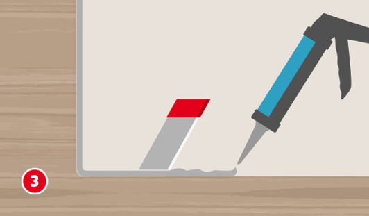 Illustration mit dem Titel „Schritt 3“ einer Hagebau-Anleitung zum Einbau eines Spülbeckens. Eine Kartuschenpistole trägt Silikon auf den Rand der Spülbeckenöffnung in der Arbeitsplatte auf. Ein Streifen Kreppband schützt die angrenzende Oberfläche.