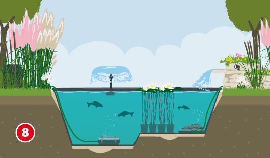 Eine schematische Darstellung zeigt den fertig gestalteten Gartenteich mit Seerosen, Fischen, Wasserspiel und Randbepflanzung. Die Teichtechnik ist in Betrieb, eine Fontäne sprudelt aus der Mitte und ein Wasserfall plätschert im Hintergrund. Um den Teich sind hohe Ziergräser und Blumen gepflanzt. Unten links ist ein roter Kreis mit einer weißen 8