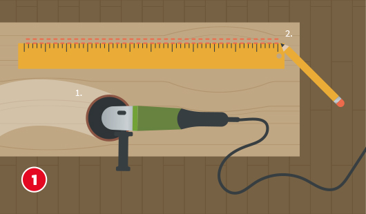 Eine schematische Darstellung zeigt die Vorbereitung zum Anzeichnen einer Nut auf einem Holzbrett. Auf dem Werkstück liegt ein gelber Zollstock, entlang dessen eine gestrichelte Linie verläuft. Mit einem Bleistift wird die Linie rechts markiert. Links liegt ein Winkelschleifer mit Stromkabel. Eine weiße 1 kennzeichnet das Werkzeug, eine weiße 2 markiert die Bleistiftspitze auf dem Holz. Unten links ist ein roter Kreis mit einer weißen 1