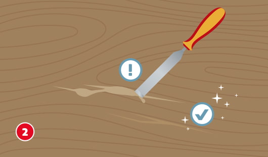 Illustration einer Holzfläche, von der mit einem Stechbeitel überschüssiges Wachs entfernt wird