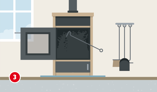 Illustration mit dem Titel „Schritt 3“ einer Hagebau-Anleitung zur Reinigung eines Kaminofens. Der Kaminofen ist geöffnet. Im Brennraum befindet sich Ruß an der Rückwand. Ein Kaminbesteck-Haken wird verwendet, um die Innenwände von Ruß zu befreien. Rechts im Bild hängt ein Set aus Kaminwerkzeugen.