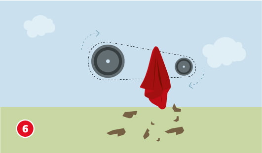 Illustration einer Fahrradkette mit Kettenblättern, neben den Blättern sind Pfeile abgebildet und die Kette wird mit einem Tuch gereinigt