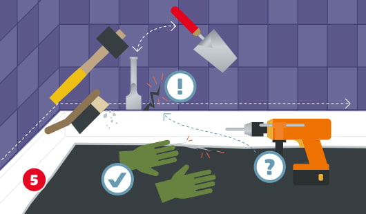 Eine schematische Darstellung zeigt das Herausmeißeln einer Duschwanne aus dem Fliesenbett. Mit Gummihammer, Meißel und Maurerkelle wird der Übergang zwischen Wannenrand und Wandfliesen aufgestemmt. Ein Ausrufezeichen weist auf die Gefahr von Fliesenschäden hin. Ein Akkuschrauber liegt für spätere Montageschritte bereit. Schutzhandschuhe mit Häkchensymbol und Splitter zeigen die Notwendigkeit von Vorsicht bei der Arbeit. Unten links ist ein roter Kreis mit einer weißen 5