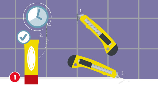 Illustration zum ersten Schritt beim Erneuern einer Silikonfuge. Eine alte Fuge zwischen lila Fliesen wird in drei Schritten entfernt: Zuerst mit einem Cuttermesser einschneiden (1), dann mit Silikonentferner einweichen lassen (2, Uhrsymbol zeigt Wartezeit), anschließend Reste mit einem Messer abziehen (3). Eine Tube Silikonentferner ist mit Häkchensymbol markiert.