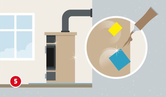 Illustration mit dem Titel „Schritt 5“ einer Hagebau-Anleitung zur Reinigung eines Kaminofens. Der gereinigte Ofen steht glänzend in der Ecke des Raumes. Rechts im Bild ist eine vergrößerte Ansicht, wie mit einer Tube Füllpaste und Tüchern die Oberfläche poliert oder nachbehandelt wird.