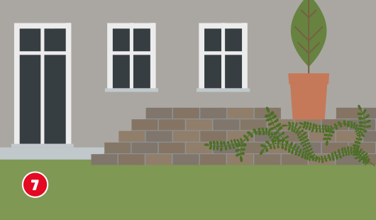 Eine schematische Darstellung zeigt die fertiggestellte Gartenmauer vor einer Hauswand. Die Mauer ist abgestuft aufgebaut und mit einer Kletterpflanze sowie einem großen Pflanztopf dekorativ ergänzt. Drei Fenster und eine Tür befinden sich im Hintergrund. Unten links ist ein roter Kreis mit einer weißen 7