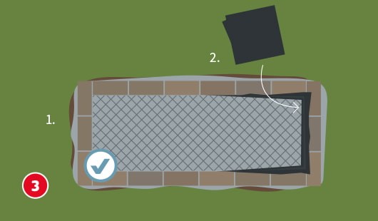 Illustration mit dem Titel „Schritt 3“ einer Hagebau-Anleitung zum Bau eines Hochbeets. Von oben ist das Hochbeet zu sehen, dessen Innenfläche (1) mit einem engmaschigen Drahtgeflecht ausgekleidet ist – als Schutz gegen Wühlmäuse. Darüber wird eine schwarze Folie (2) entlang der Innenwände ausgelegt – vermutlich eine Noppen- oder Teichfolie zum Schutz vor Feuchtigkeit und Erde.