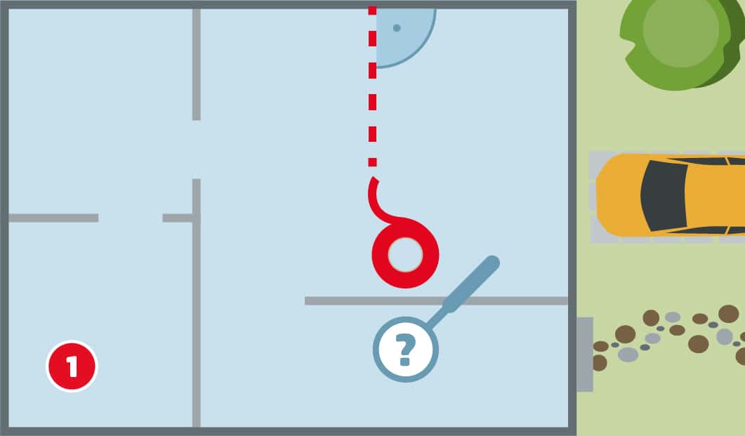 Eine schematische Darstellung zeigt die Planung eines Raums im Trockenbau. Ein Grundriss mit bestehenden Wänden wird ergänzt durch eine rot gestrichelte Linie für eine neue Wand. Ein Maßband und ein rotes Klebeband symbolisieren die Planung und Markierung des Wandverlaufs. Unten links ist ein roter Kreis mit einer weißen 1