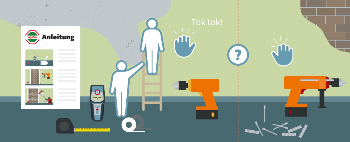 Eine schematische Darstellung zeigt die Vorbereitung zum Bohren. Zwei Personen prüfen die Wand per Klopftest und mit einem Leitungssuchgerät, um Strom- oder Wasserleitungen zu vermeiden. Eine Anleitung mit drei Schritten liegt bereit. Verschiedene Bohrmaschinen, Schrauben, Dübel, Maßband und Klebeband sind ebenfalls zu sehen. Ein Fragezeichen-Symbol trennt die Prüfentscheidung für unterschiedliche Wandtypen