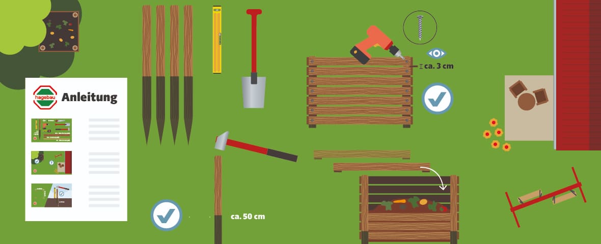 Eine schematische Darstellung zeigt den Aufbau eines Komposters aus Holzlatten. Links liegen Werkzeuge und Materialien bereit, darunter Pfosten, Holzlatten, Wasserwaage, Spaten, Vorschlaghammer und Schrauben. In der Mitte werden Pfosten ca. 50 cm tief eingeschlagen, Holzlatten mit 3 cm Abstand verschraubt. Zwei Häkchen-Symbole kennzeichnen korrekte Schritte. Rechts ist ein fertiger Komposter mit organischen Abfällen gefüllt. Eine Anleitung mit drei bebilderten Schritten liegt links