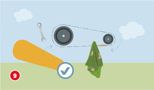 Illustration einer Fahrradkette mit Kettenblättern, mit einem Tuch wird überschüssiges Öl von der Kette entfernt, neben der Kette sind ein Schraubenschlüssel und der Kettenschutz zu sehen