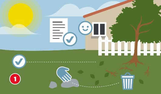 Eine schematische Darstellung zeigt die Auswahl und Vorbereitung eines geeigneten Standorts für ein Gartenhaus. Im Vordergrund werden mit einer Hand Steine und Laub entfernt, daneben steht ein Mülleimer. Im Hintergrund sind ein Haus, ein Baum, ein Zaun und ein Dokument mit Haken-Symbolen zu sehen. Unten links ist ein roter Kreis mit einer weißen 1