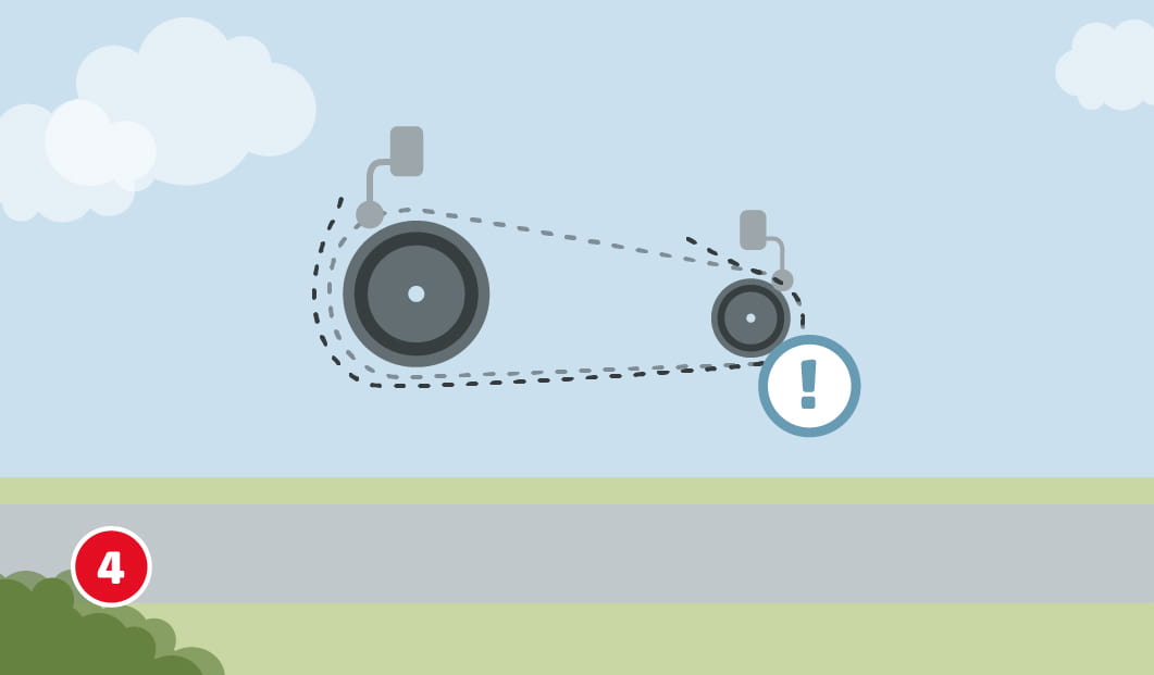 Illustration von zwei Kettenblättern, die mit einer Fahrradkette verbunden sind. Die Kette ist doppelt dargestellt, einmal locker und einmal gespannt.